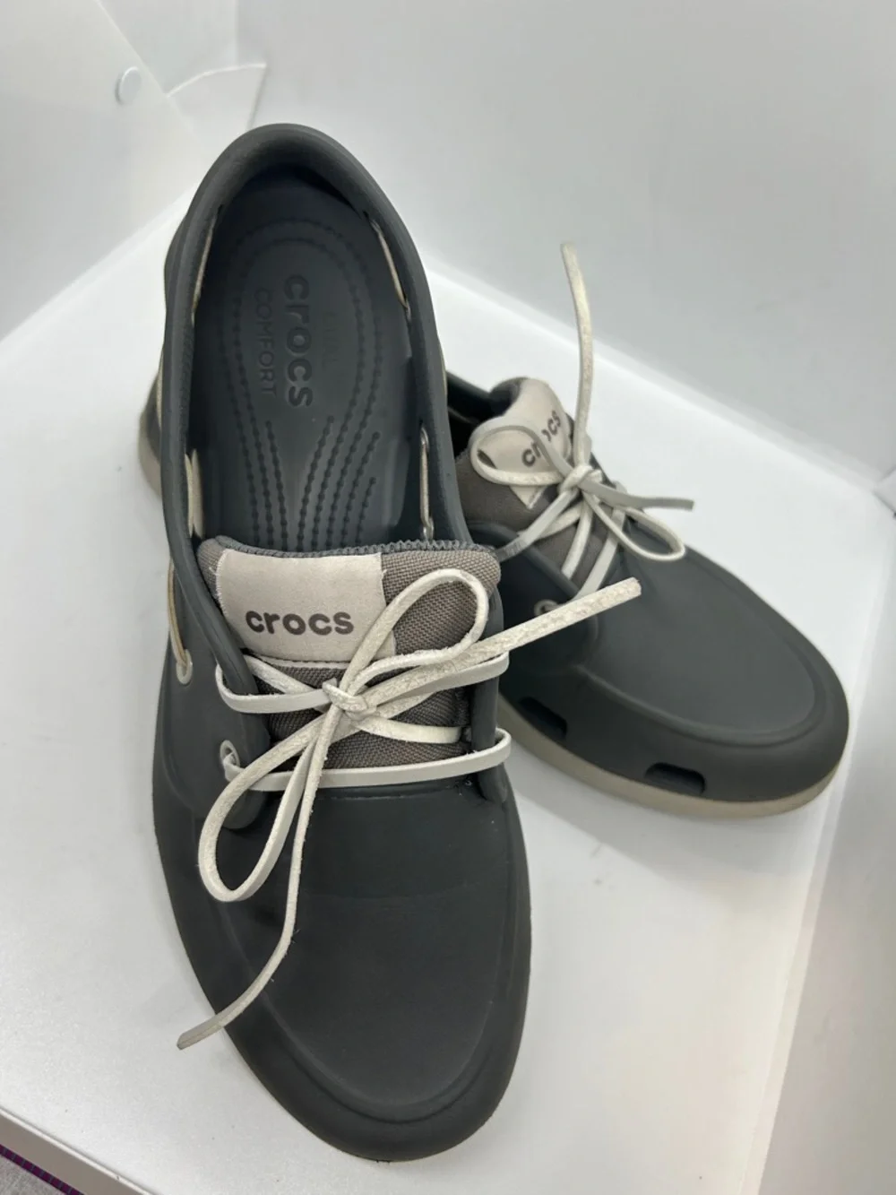 Crocs Classic Boat Shoe Mens Slate Grey White Nautical Deck Shoes Outdoor Sz 11